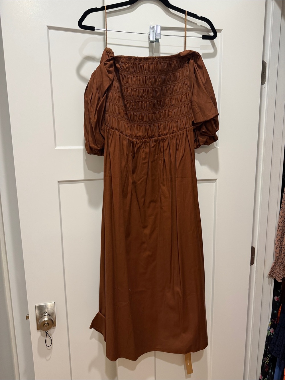 NWT Reformation Brown Smocked Puff Sleeve Midi Dress